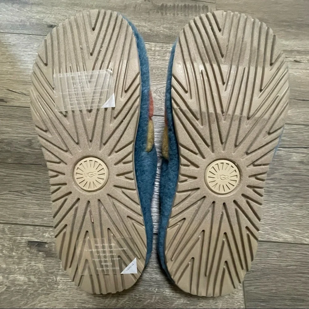 UGG MEN FLUFF YOU STRIPES MARINA BLUE FAUX FUR SLIPPERS US 8 NEW